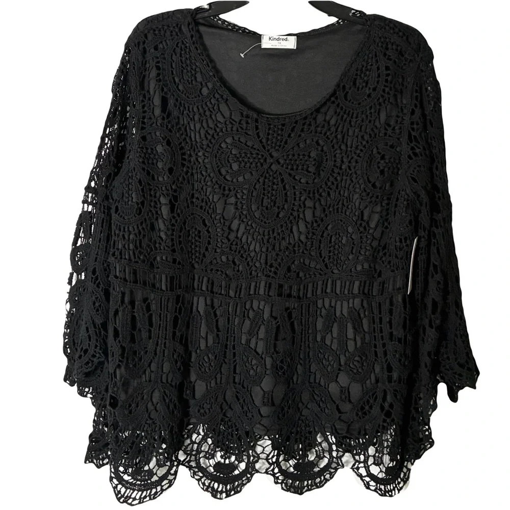 New Kindred Anthropologie Crochet Blouse 1X Lined Bell Sleeve Polyester